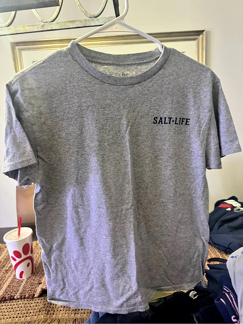 Salt Life Sarasota Florida American Flag Fish Short Sleeve T-Shirt Tee Gray